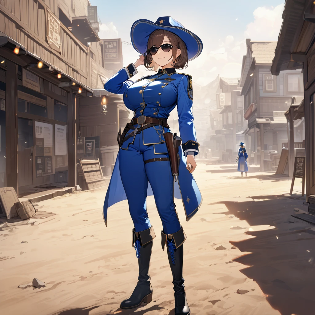 A woman wearing a blue sheriff's uniform, blue pants, blue jacket, blue cowboy boots, blue military hat, sunglasses, smiling, holding a traditional sheriff's revolver, standing on dirt ground in a western town classic, dust background, brown hair, short hair, big breasts, daytime location,UHD , prime work , accurate , anatomically correct , textured skin , super details , high quality , best quality, 8k, high resolution, bokeh effect. (woman alone),
