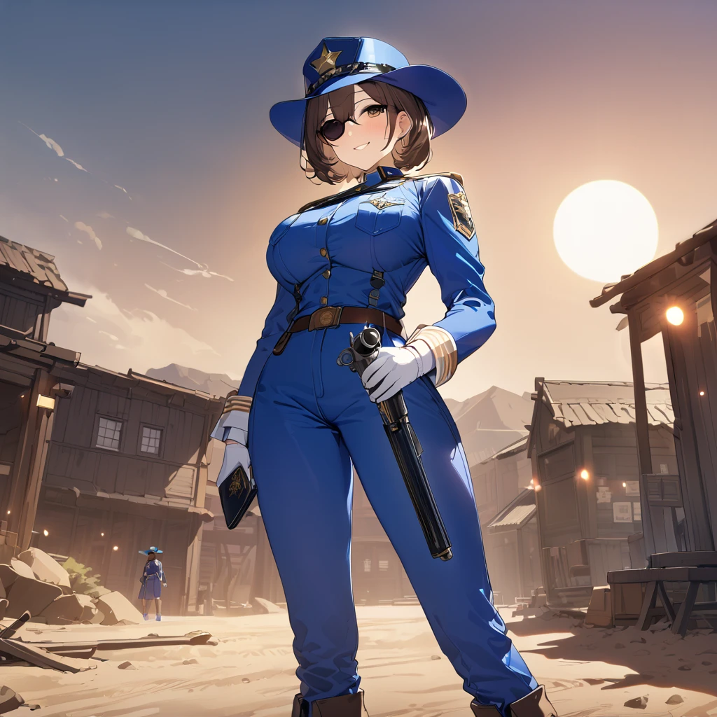 A woman wearing a blue sheriff's uniform, blue pants, blue jacket, blue cowboy boots, blue military hat, sunglasses, smiling, holding a traditional sheriff's revolver, standing on dirt ground in a western town classic, dust background, brown hair, short hair, big breasts, daytime location,UHD , prime work , accurate , anatomically correct , textured skin , super details , high quality , best quality, 8k, high resolution, bokeh effect. (woman alone),
