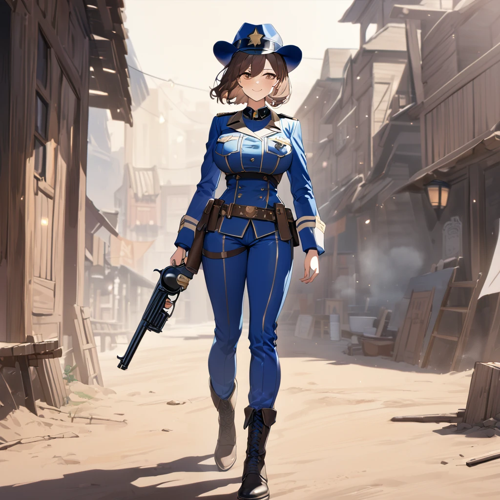 A woman wearing a blue sheriff's uniform, blue pants, blue jacket, blue cowboy boots, blue military hat, sunglasses, smiling, holding a traditional sheriff's revolver, standing on dirt ground in a western town classic, dust background, brown hair, short hair, big breasts, daytime location,UHD , prime work , accurate , anatomically correct , textured skin , super details , high quality , best quality, 8k, high resolution, bokeh effect. (woman alone),
