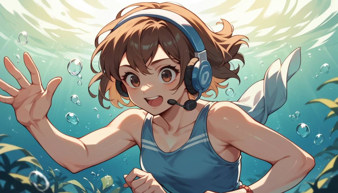 Girl wearing headphones,Brown Hair,One girl,Sparkling underwater,Swimwear with less exposure