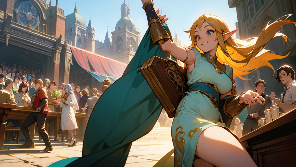 Anime Style,Nostalgic,Detailed background,The medieval world,In a busy square with many people,Smiling bard beautiful elf girl,guitar,Large Breasts,Underarm
