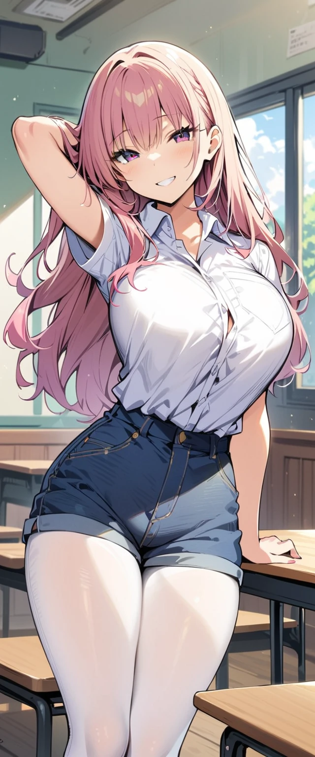 (masterpiece, best quality:1.2), 1girl, solo, standing_split, full body, JK, huge tit, long hair, looking at viewer, long hair, shirt tucked in, smile, tented shirt, blue denim shorts, white pantyhose, in classroom