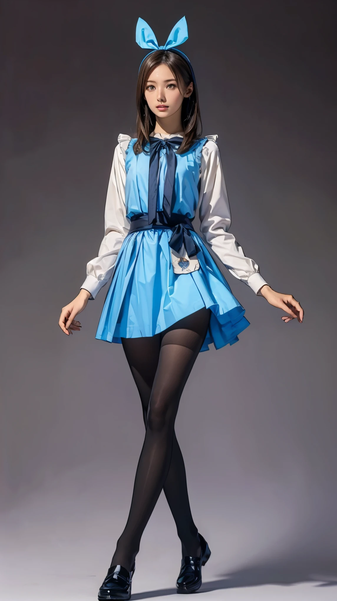 ((masterpiece)),(((Highest quality))),((Character design sheet)),Thin thighs,Long legs,((Alice in Wonderland, wearing a large ribbon on your head,, wear black tights,loafers))、20 year old Japanese woman, (Very slim:1.4)、Low - Angle,Walking:1.5,