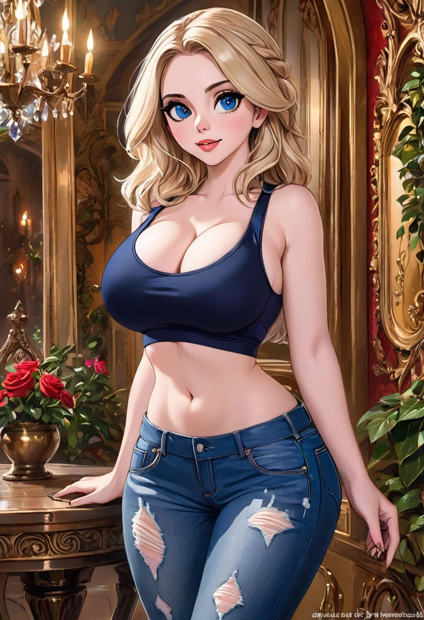 iphone pro , extremely beautiful model, 20 years old female, skandinavian, long blonde hair, realistic, perky breasts, cleavage, crop top, ripped jeans, Crop Top Wth Blue Rosemaled Designs.  Midriff, Wide Smile, Eyes Detailed & Wide, Dynamic Pose. Ultra HD, Rococo-Inspired Fantasy Art With Intricate Details. Cute, Charming Expression, Alluring-Gaze, looking at viewer Beautiful Eyes, An-Ideal-Figure. Large Youthful Well-Shaped-Breasts, Attractive ass showcased. Massive-Round-Bosom, Décolletage. Mesmerizingly mash up of Scarlett Johanson. Alison Brie, Ana De Armas
