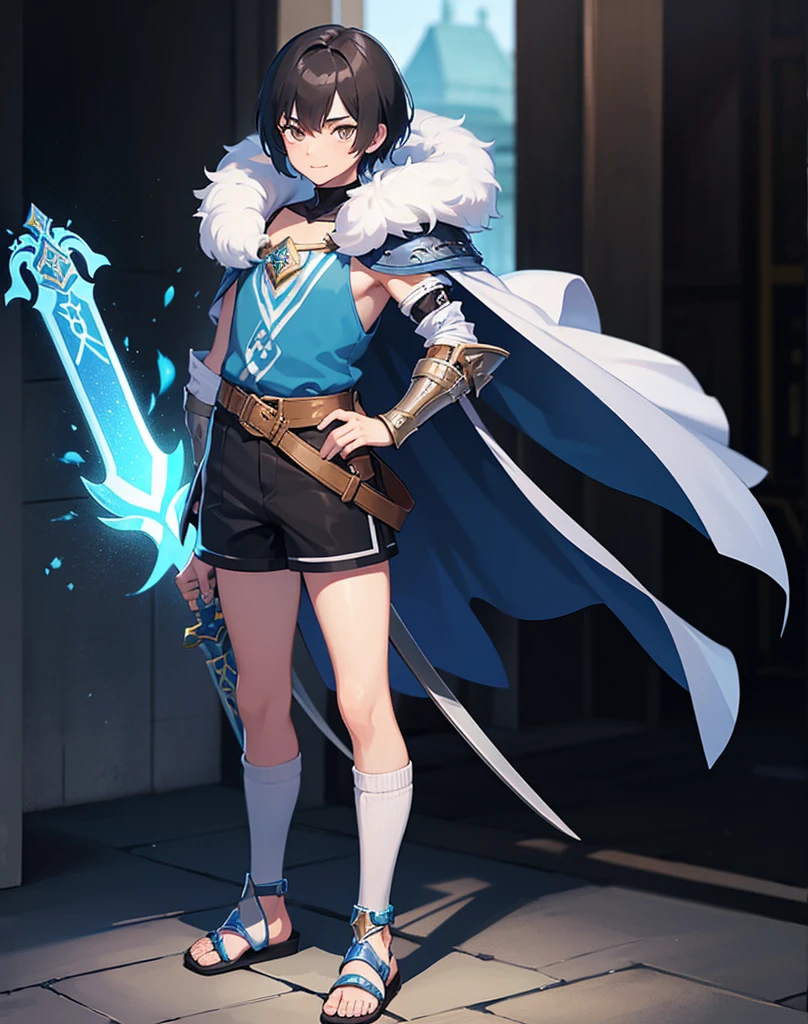 Young -yeld boith black hair and brown eyes, innocent and happy, dressed in short neon-blue medieval barbarian clothes, fur shorts, light-blue battle armor, weilding silver sword and shield, sandals; fullbody; short hair, boyish athletic, sexy, medieval background