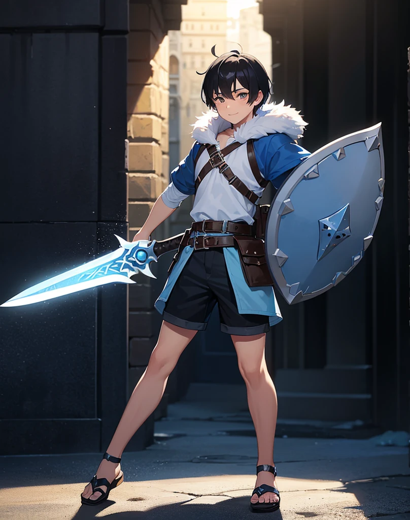 Young 13-year-old boy with black hair and brown eyes, innocent and happy, dressed in short neon-blue medieval barbarian clothes, fur shorts, light-blue battle armor, weilding silver sword and shield, sandals; fullbody; short hair, boyish athletic, sexy, medieval background