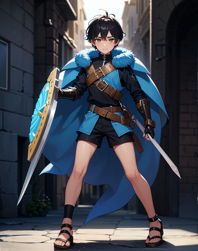Young 13-year-old boy with black hair and brown eyes, innocent and happy, dressed in short neon-blue medieval barbarian clothes, fur shorts, light-blue battle armor, weilding silver sword and shield, sandals; fullbody; short hair, boyish athletic, sexy, medieval background