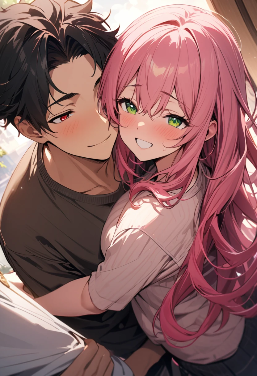 (couple), girl and boy, 1boy, (boy with green eyes, short black curly hair), 1girl, (girl with red eyes, vibrant pink long hair), intimate, rich in detail, happy expression, love, long shot, wide angle, (masterpiece, best quality, aesthetic, heavenly)