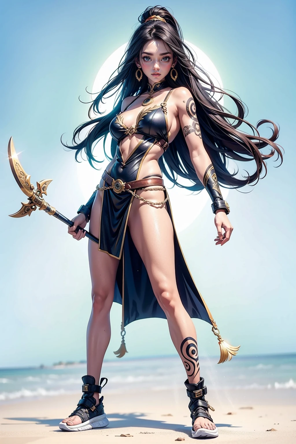 ((women amazon warrior outfit), athletic, tattoos, serious, looking at the viewer, perfect hands, beautiful face, simple_background, full body, perfect body, rounded breast