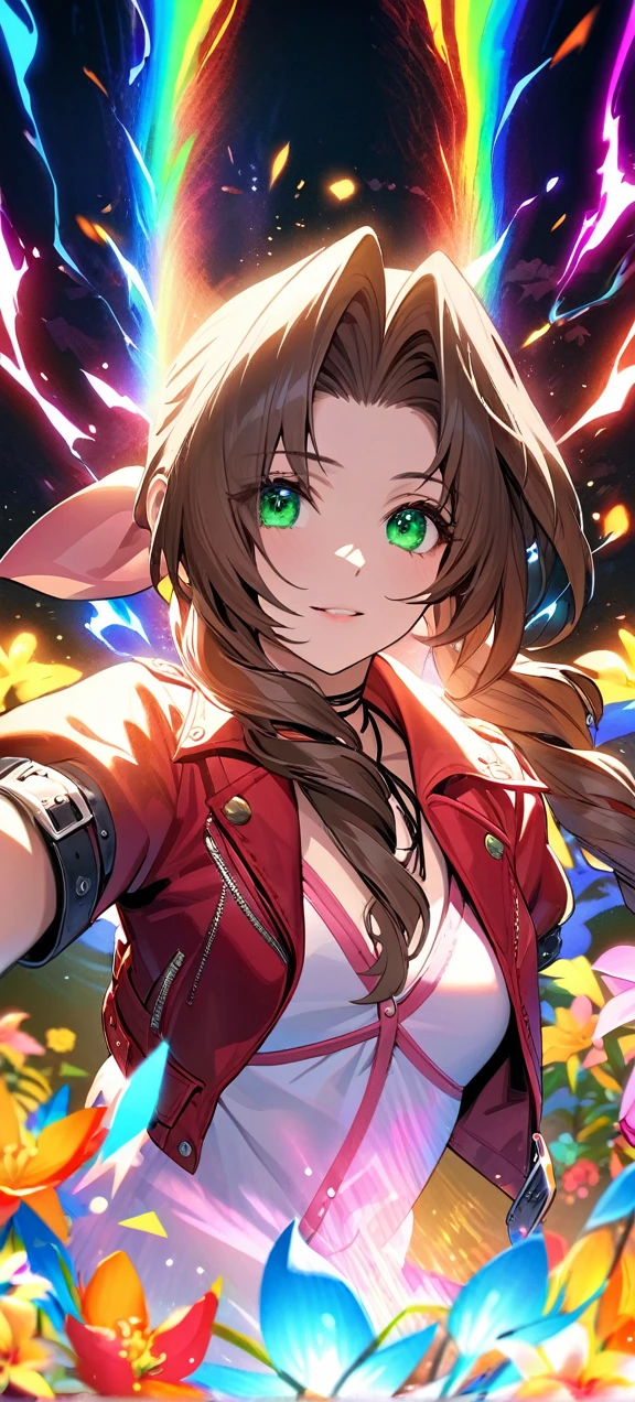 Symetrical,detailed front view,absurdres, highres, ultra detailed, HDR, masterpiece, extremely detailed face and eyes, aerith gainsborough ,final fantasy 7, , , solo, women , beautiful, ,, , beautiful pose scene,colorful flowers effect, colorful lightning effect,glowing glitters, ,colorful flames effect, colorful aura effect, colorful splashing, surrounded by colorful flowers energy