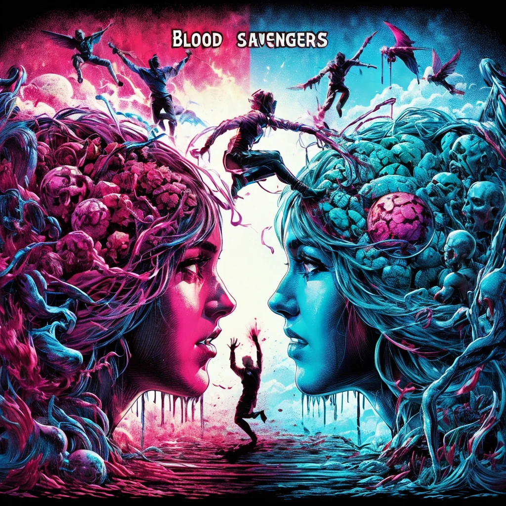 blood scavengers opposite world dream cyan magenta. A fight inside a broken mind. A splendid beautiful trans woman trying to emerge as the future in an astonishing panorama of end times.