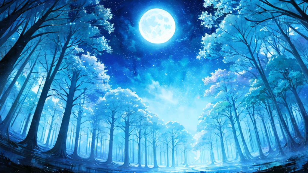 Moon Forest Images Emotional watercolor painting so beautiful Ultra high quality Fantasy Blue image