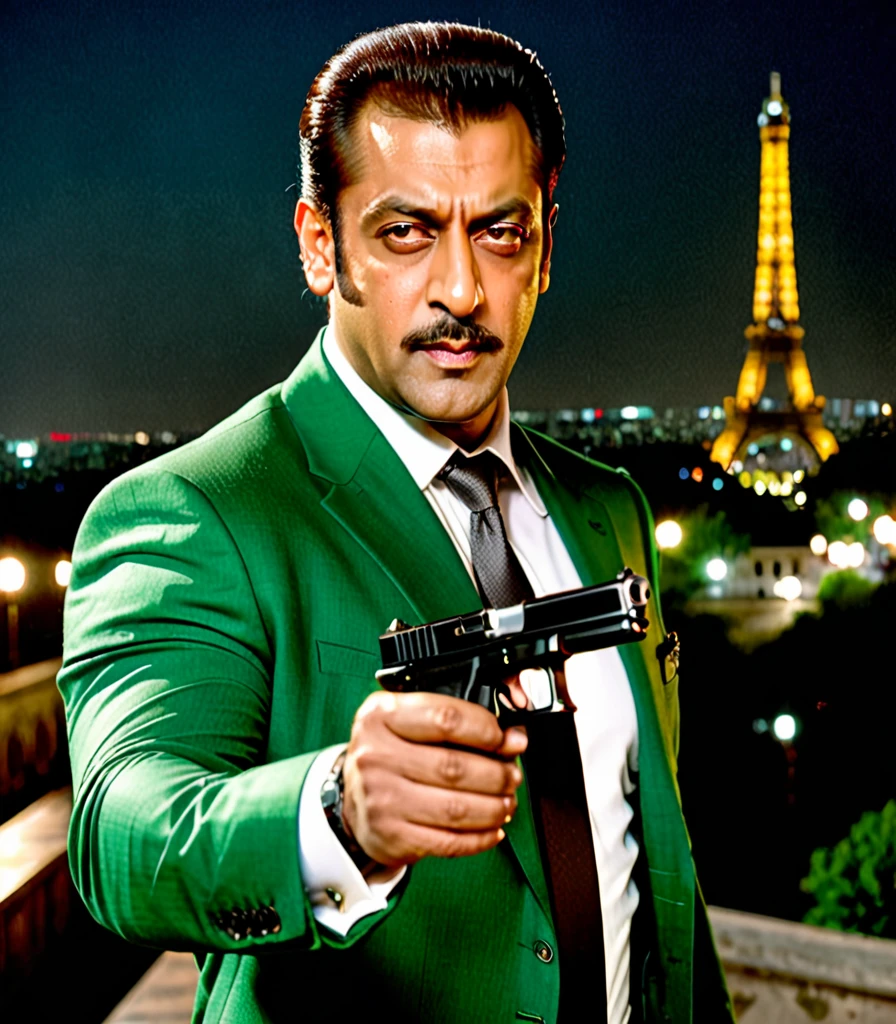 ((Salman Khan)) Masterpiece, best quality, male focus, 1man, there is a man in a suit holding a gun in his right hand, headshot profile picture, solo, solo focus, man with a gun, dramatic wielding gun pose, holding gun, with pistol, holding a gun, headshot photo, headshot photoshoot, acting headshot, (holding a pistol, trigger discipline, Glock 17), headshot and bodyshot, he has a pistol, goatee, paris, night backdrop, film noire atmosphere, perfect hands, medium hair, reddish grey hair, combed back hair, green eyes, middle-aged adult, green suit and tie, white shirt, French detective.