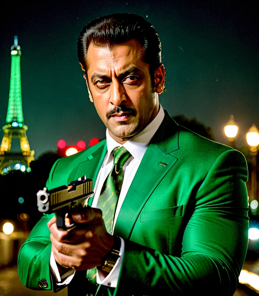 ((Salman Khan)) Masterpiece, best quality, male focus, 1man, there is a man in a suit holding a gun in his right hand, headshot profile picture, solo, solo focus, man with a gun, dramatic wielding gun pose, holding gun, with pistol, holding a gun, headshot photo, headshot photoshoot, acting headshot, (holding a pistol, trigger discipline, Glock 17), headshot and bodyshot, he has a pistol, goatee, paris, night backdrop, film noire atmosphere, perfect hands, medium hair, reddish grey hair, combed back hair, green eyes, middle-aged adult, green suit and tie, white shirt, French detective.