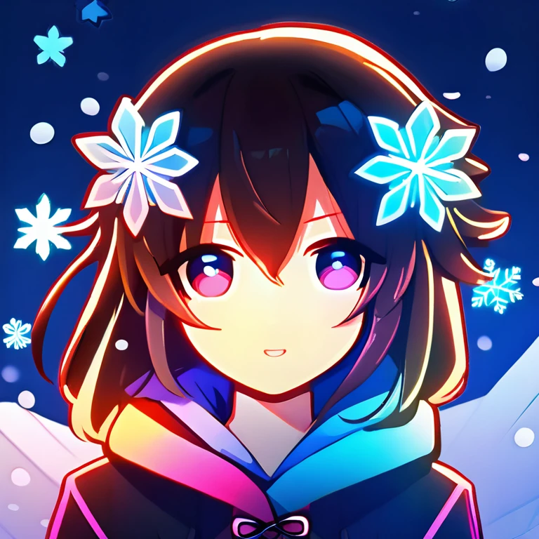 a cute girl, anime style, glowing, bloom, colorful, neo icon, chibi avatar, snow flakes