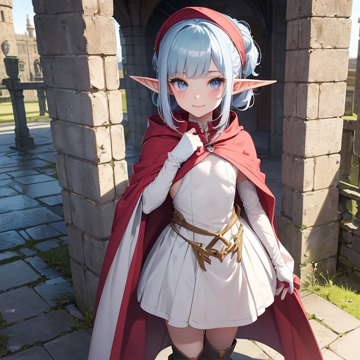 (Absurdres, best high quality, very detailed pixels and textures, carefully detailed quality, solo character alone, full character view)
{1character  elf girl}, she has pale skin, shorter thick messy blue royal blue hair, heterochromatic eyes, very thin lips, short body, flat chest, cute arms, cute legs, (wearing a pale grey one-piece unitard, red red cloak, pale grey arm-sleeves, grey gloves, pale grey very long boots, pink and yellow hair clip), (holding a giant large golden green sword), beautiful kid, cute face, naughty open smile, noisy and adorable, cheerful and feminine.
Standing in dannish castle yard.