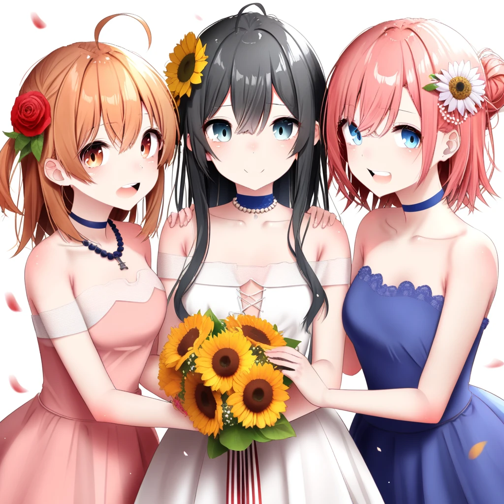 3girls, gweda, absurdres, official art, absurdres, yahari ore no seishun lovecome wa machigatteiru., isshiki iroha, yuigahama yui, yukinoshita yukino, :d, :p, ahoge, anniversary, bead necklace, beads, black hair, blue choker, blue dress, blue eyes, bouquet, breasts, brown hair, cel shading, choker, cleavage, closed mouth, cropped shirt, cross-laced clothes, cross-laced dress, dress, eyelashes, falling petals, fingernails, flower, flower-trimmed dress, golden rose, hair between eyes, hair flower, hair ornament, hand on own shoulder, hand up, holding, holding bouquet, index finger raised, jewelry, lace, lace choker, layered dress, long bangs, long hair, looking at viewer, medium hair, multiple girls, necklace, off-shoulder dress, off shoulder, ok sign, open mouth, orange dress, petals, pink dress, pink hair, red eyes, red flower, red rose, rose, see-through dress layer, sideways glance, smile, straight-on, straight hair, sunflower, swept bangs, teeth, tongue, tongue out, upper teeth only, white background, white dress, white flower, yellow eyes, ((very aesthetic, best quality, ultra detailed)), rating:safe