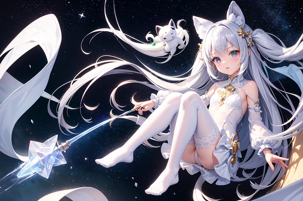 li，masterpiece, high resolution, best quality, Very detailed,wallpaper，Space starry sky background，Cute and cute，A body made of white jade，Silver long hair，Height one meter five，V-shaped jumpsuit，Full body picture,No shoes，Very small feet，Feet made of white jade，Reproductive organs，Lace pantyhose