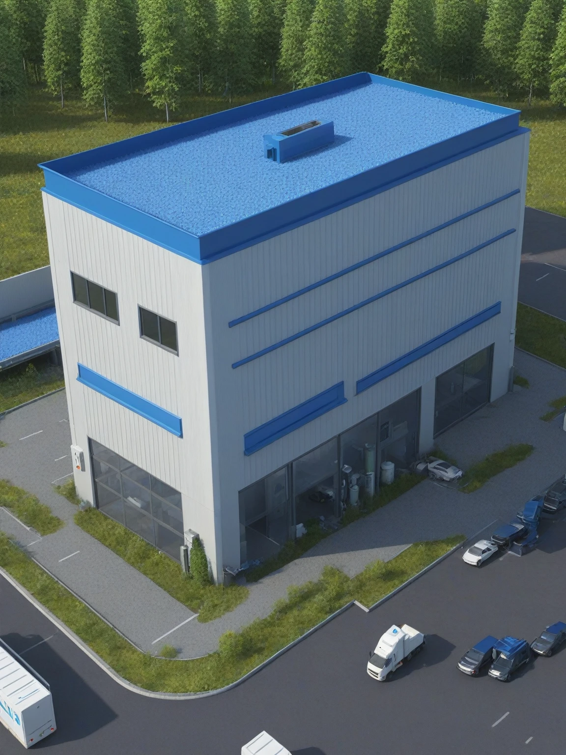rendering of a building with a blue roof and a parking lot, diaper disposal factory, introduction factory photo, detailed factory, rendering of log pile factory, factory, bio factory, version 3, very sad, futuristic production facility, exterior shot, hq very detailed, high technology inplants, 2 d cg, vue 3d render, sharp focus ilustration hq, enviroment, Art Deco, Color Field painting, high detail, Expressionism, glowing light, high details, super detail, high quality, highres, best quality, UHD, accurate, masterpiece, textured skin