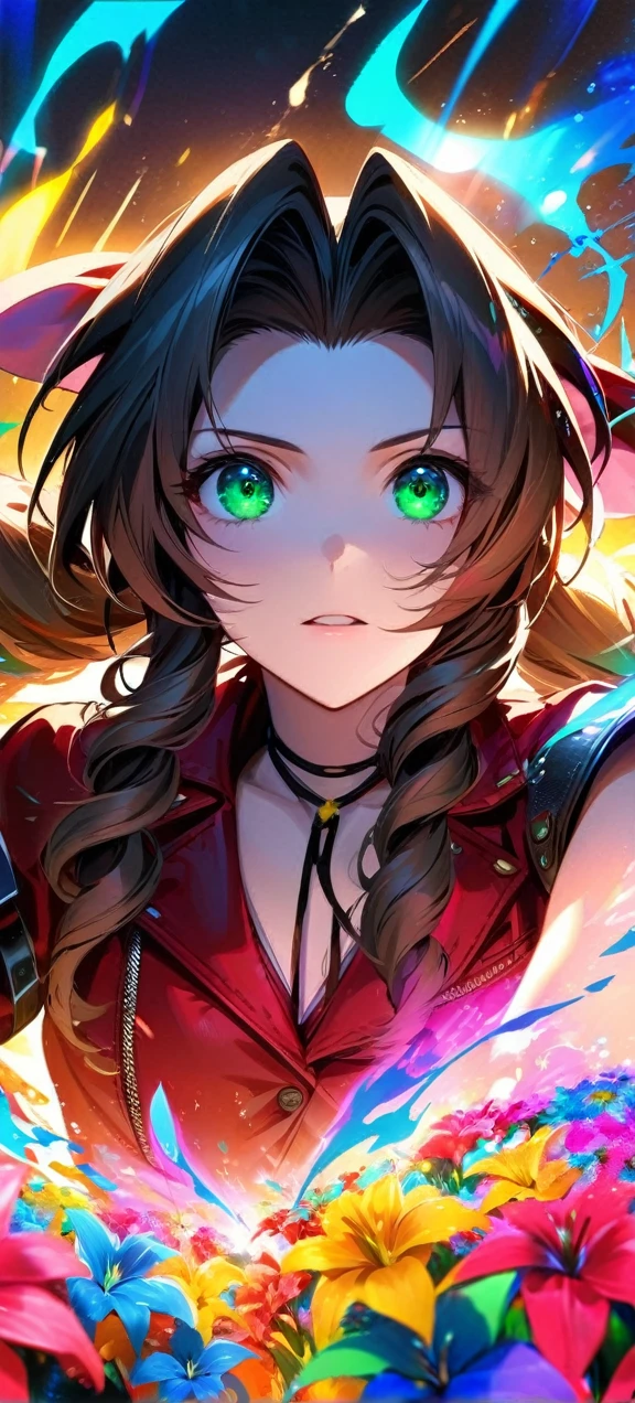 Symetrical,detailed front view,absurdres, highres, ultra detailed, HDR, masterpiece, extremely detailed face and eyes, aerith gainsborough ,final fantasy 7, , , solo, women , beautiful, ,, , beautiful fight scene,colorful flowers effect, colorful lightning effect,glowing glitters, ,colorful flames effect, colorful aura effect, colorful splashing, surrounded by colorful flowers energy