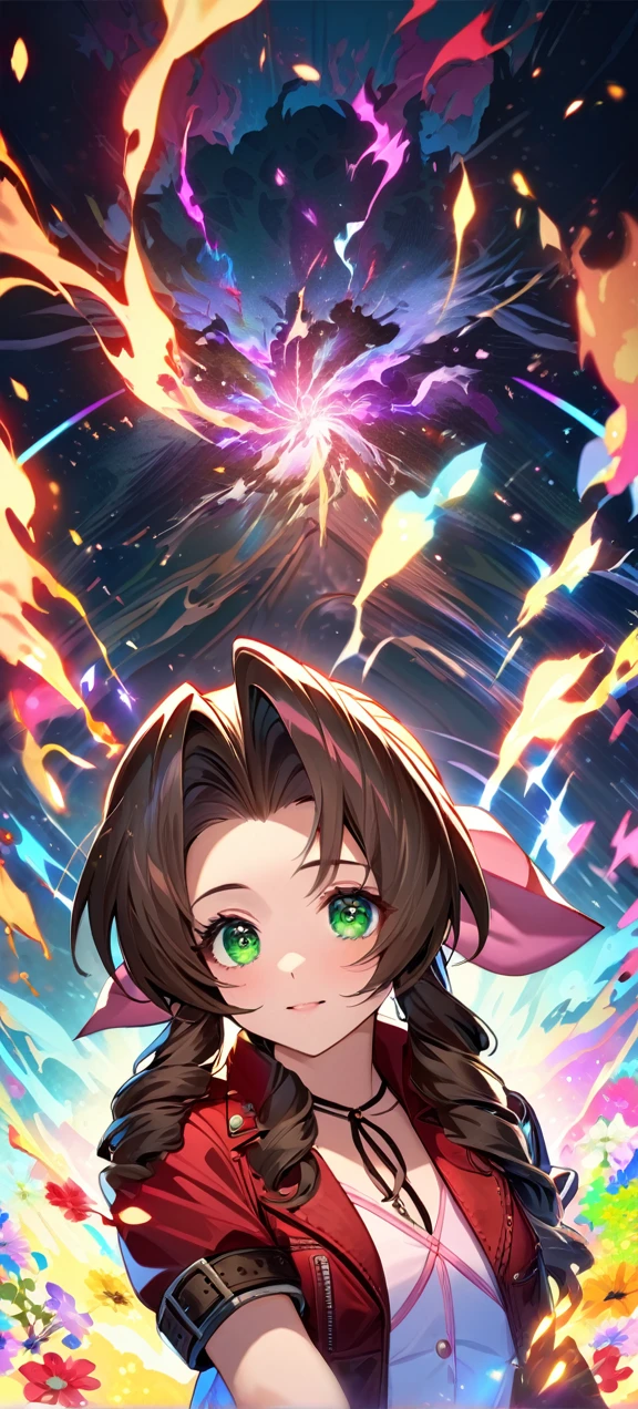 Symetrical,detailed front view,absurdres, highres, ultra detailed, HDR, masterpiece, extremely detailed face and eyes, aerith gainsborough ,final fantasy 7, , , solo, women , beautiful, ,, , beautiful fight scene,colorful flowers effect, colorful lightning effect,glowing glitters, ,colorful flames effect, colorful aura effect, colorful splashing, surrounded by colorful flowers energy