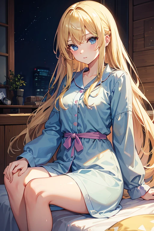 masterpiece, Highest quality, High resolution,Anime Style、blonde、Long Hair、blue eyes、pajamas