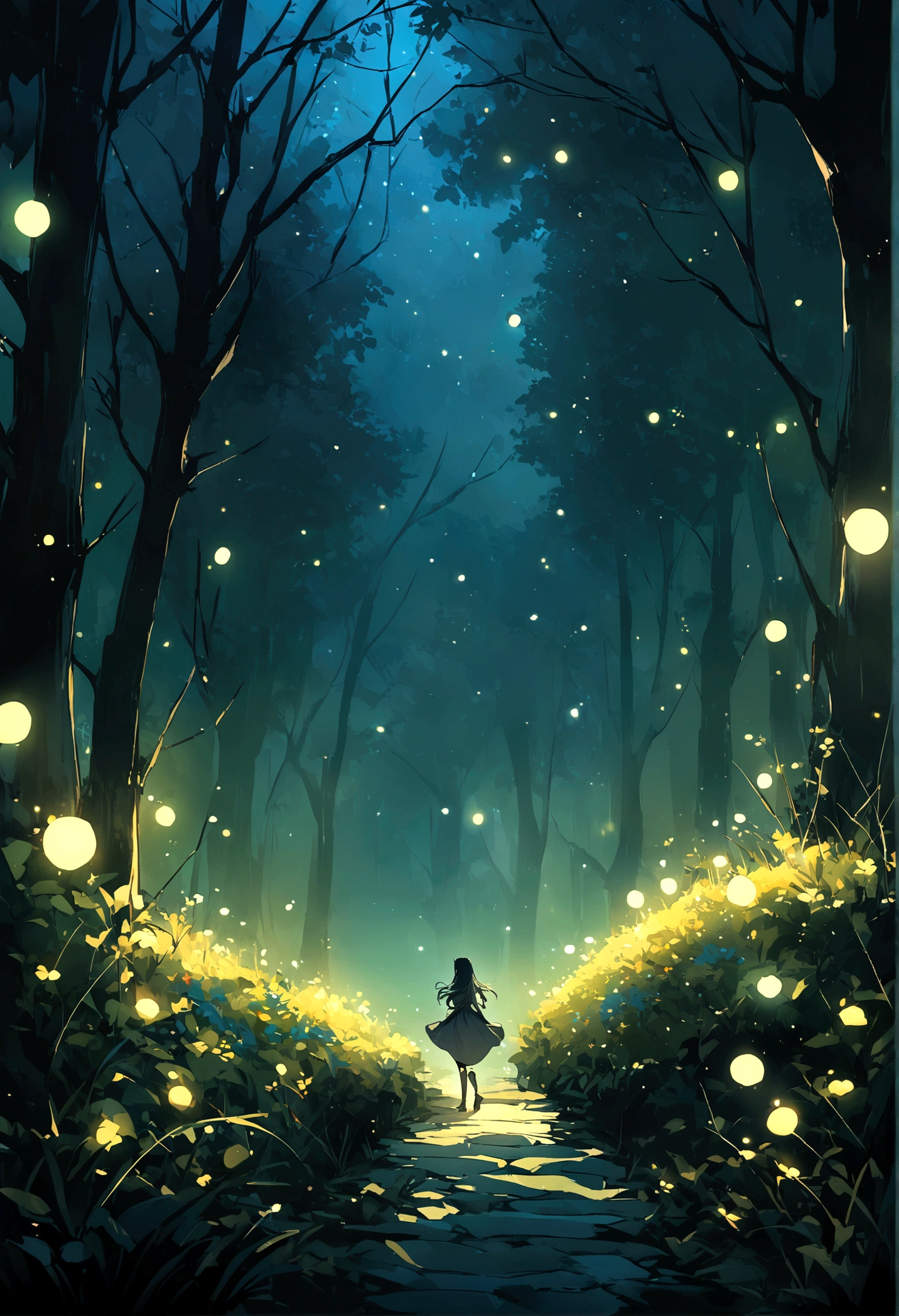 Portraiture,In this fantastic painting,a girl with a translucent glowing body wanders through a mysterious forest,Surrounded by strange lights,upper_body,Dim background、Inorganic background、light up