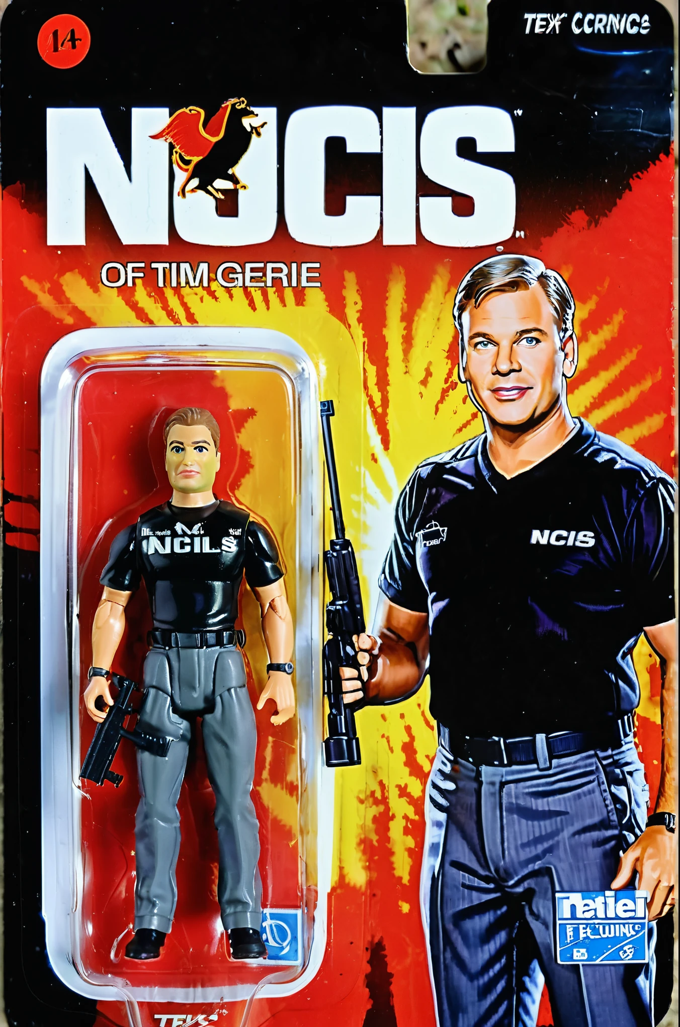 A toy of Tim McGee from the NCIS tv-series, holding a hundgun, wearing black shirts and grey pants, (logo text 'NCIS : Tim McGee':1.5) Mattel,