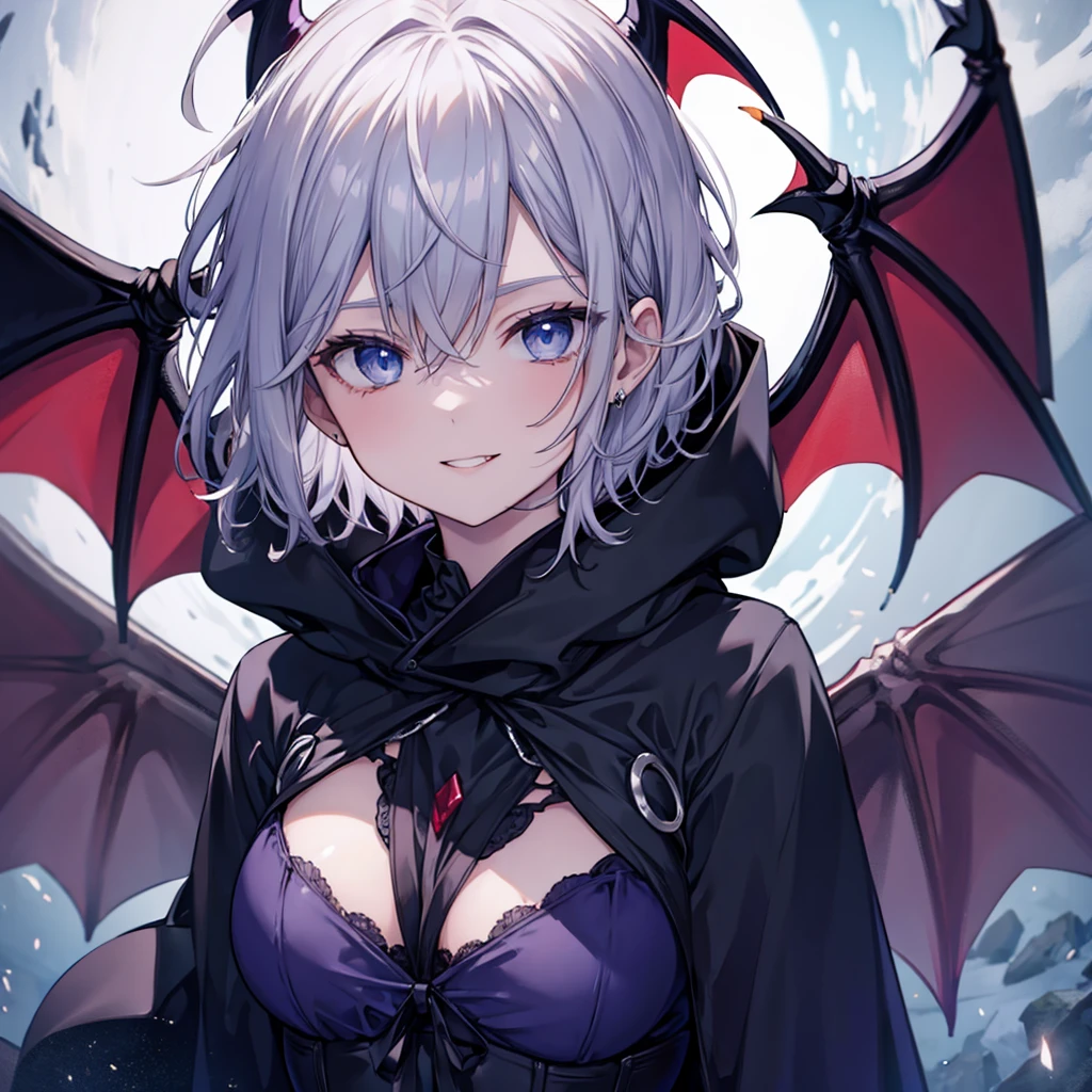 ((((vampire inflammation)))) (((Gray Hair short hair blue eyes woman Center close-up))),((night full moon My own big wings Town)),(Wearing a hood Holding a wine glass Black camisole Purple light Wearing a cloak), Creepy Smile Showing teeth Shining Background Shining Edges
