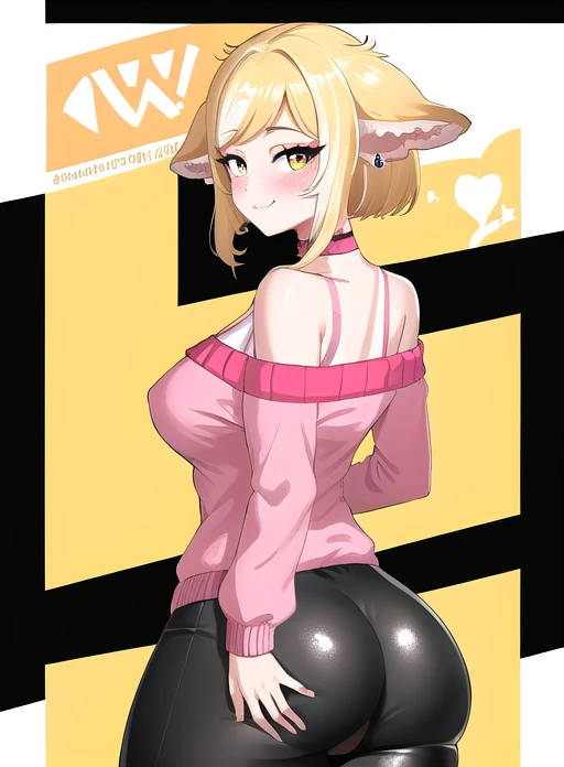 Best Quality, (Masterpiece),(ultra detailed), (high quality), (high resolution), shubyuwu, White border, showing her ass to the viewer (camara)  animal ear fluff, pink sweater, bare shoulders, large old, short hair, Short skirt, neck, off-shoulder sweater, sweater, drilling,  long sleeves, earrings, ear drilling, SMILE, by rubio, old, 1 girl, Side locks, jewelry, blush, black skirt, off the shoulder, Alone,  Username, fox ears, choker, yellow background, neckbone, animal ears. Showing her ass to the viewer. lifting her skirt. tight black leggings. timide way. looking at the viewer. fat thighs. view of her ass. blushing. Squeezing a buttock.