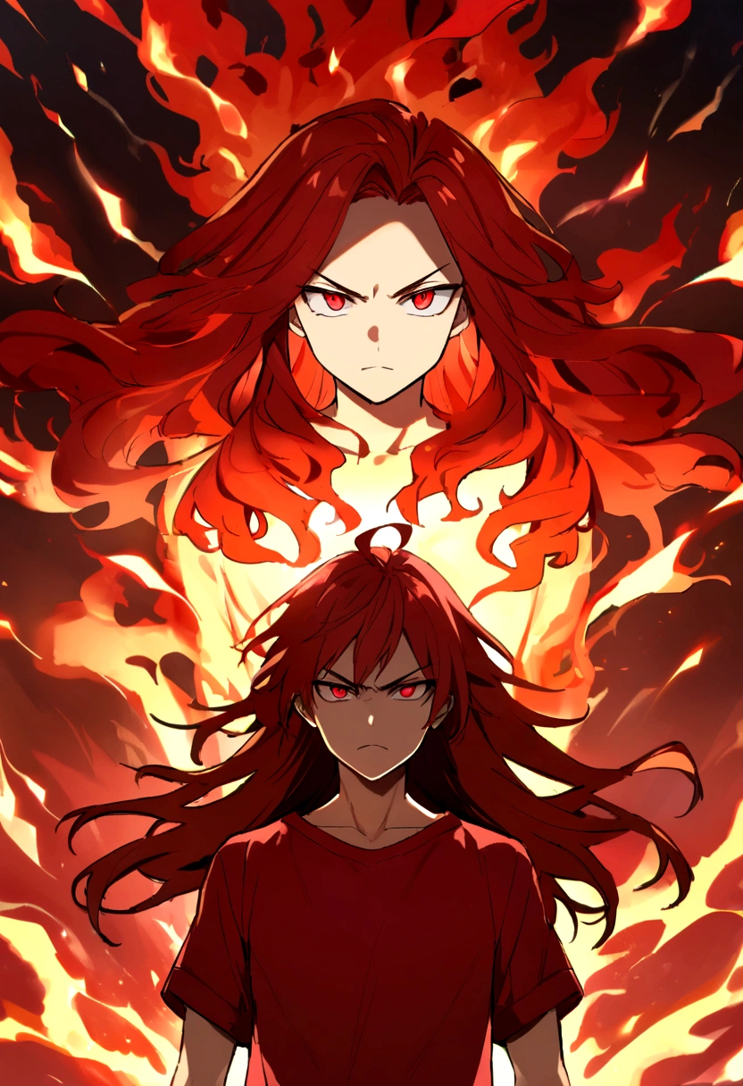 Teenage boy, serious face, Simple smile, tidy hair, long hair, bright fiery hair, bright light red eyes, short sleeve ripped red shirt, red tattoos on body, intense fire aura