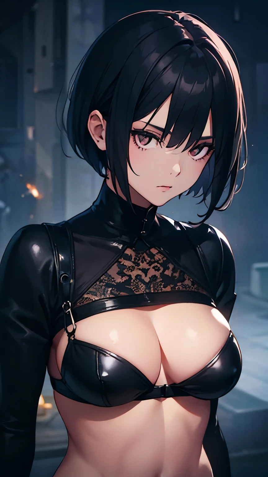 (high quality: 1.3), Cinematic shots, masterpiece, (Sharp focus: 1.5), (Realistic: 1.3), Medium portrait (Beautiful young vampire woman, Pale skin, Gothic, Still proud、intense, Straight black short bob hair, Dark look, Wearing a very finely crafted dark tunic, Dark atmosphere, but、Sculpting shapes with sharp chiaroscuro, big firm bouncing busts, YoRHa 2b), It's night, (Highly detailed skin), (Detailed face), Detailed Background, Dim lighting, dusk lighting, Volumetric lighting, Intricate details, Ultra-high resolution,