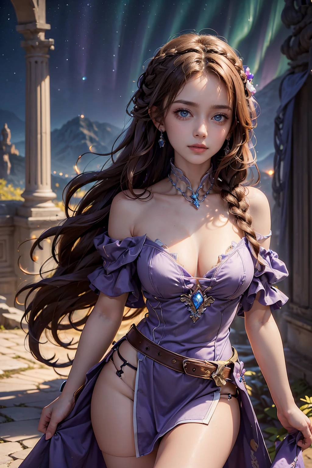 (masterpiece:1.3), high resolution, very detailed, Fantastic Aurora night view, realistic, photo-realistic, raw photo, Beautiful detailed face, detailed cloth texture, Detailed hair texture, accurate, anatomically correct, very detailed 얼굴과 피부 ?감, 1 woman, alone, beautiful skin, real human skin, whole body, beautiful and firm ???????, beautiful cleavage, mature body, 20 year old girl, Beautiful girl, (french braid:1.3), brown hair, wearing layers, break, (High-neck off-shoulder sleeveless purple mini dress:1.3), break, stare at the camera, standing posture, spread both arms to the sides, a charming smile, goddess pose, ????