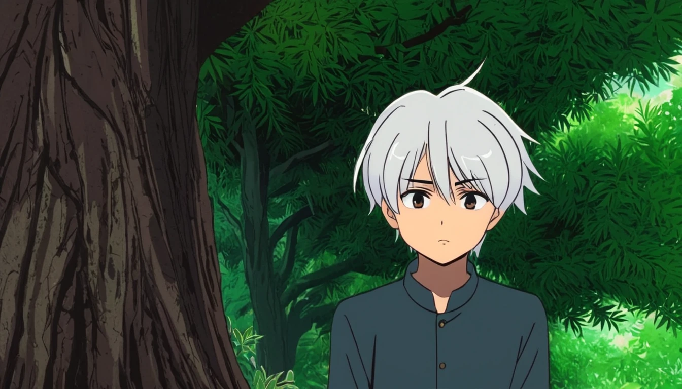 Young  white hair stylist boy ayush(anime style)  Ayush hiding behind a tree, looking anxious.Ayush in a thoughtful pose, behind the tree.(Horror anime style)