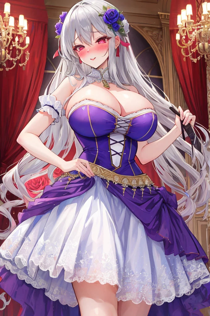 A woman with big ,Beauty,Silver long hair,((Crinoline)),Lace,Rose embroidery,weak,Sexy,(prom),(nsfw:0.8),blush,ahegao,