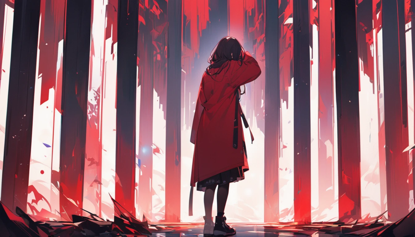 Woman in red coat。Are standing。A composition looking down