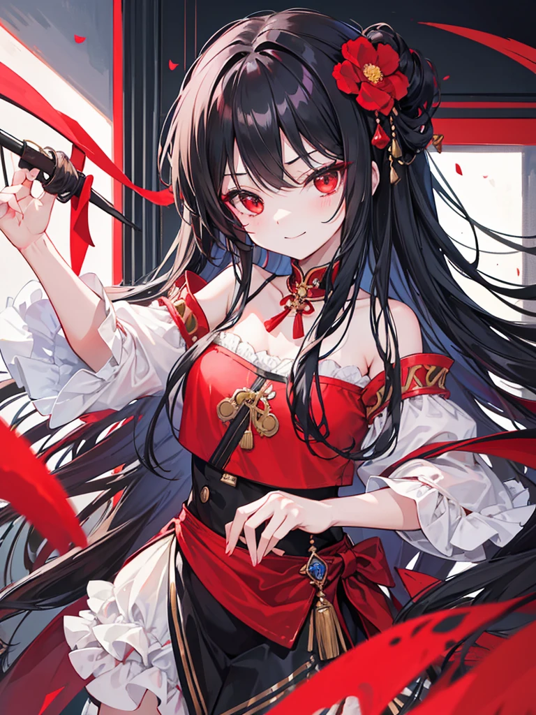 , red eyes, long wavy curry black hair, ???. Wear a flower-shaped hairpin on only one side. Her hair is tied on the side. noble western castle. arrogant ??? sadistic smile. noble lady.