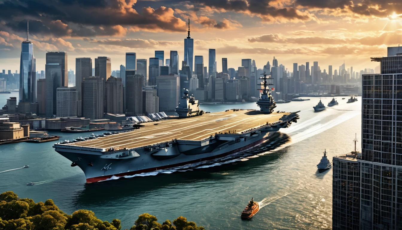 an aircraft carrier docked in a busy harbor,skyscrapers and urban skyline in the background,realistic,photorealistic,photo-realistic:1.37,best quality,4k,8k,highres,masterpiece:1.2,ultra-detailed,dramatic lighting,cinematic composition,epic scale,extremely detailed ship and architecture,highly detailed water reflections,intricate details in the cityscape,dramatic clouds,vibrant colors,stunning aerial perspective