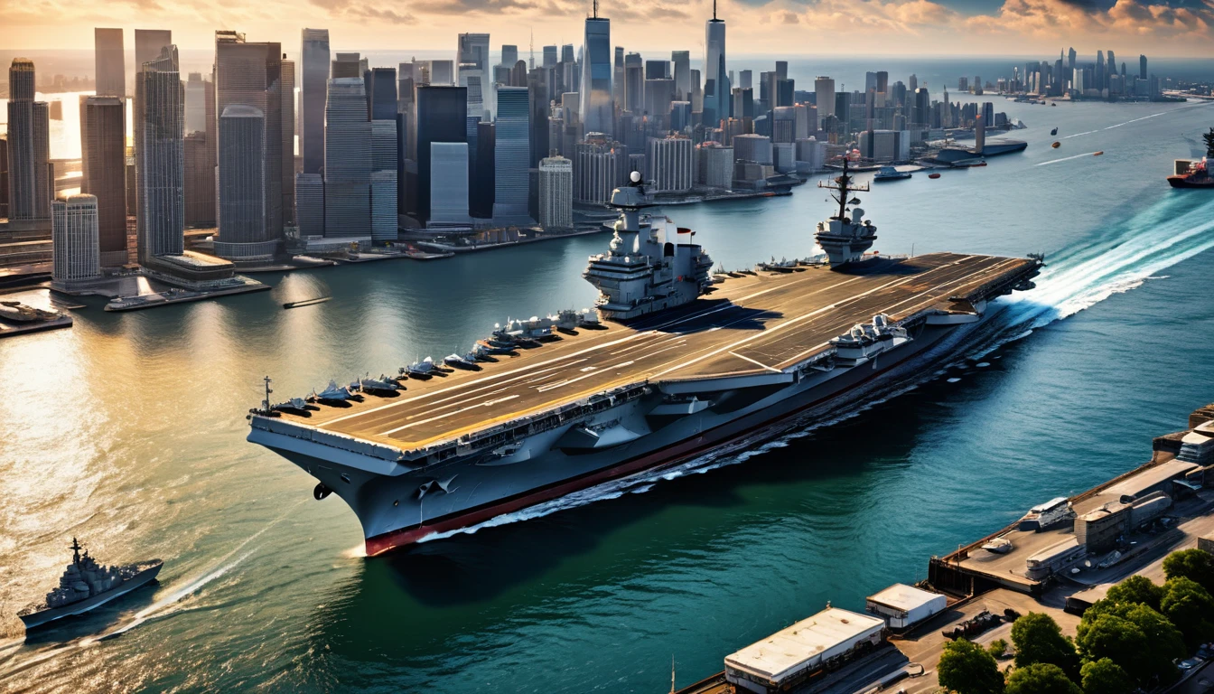 an aircraft carrier docked in a busy harbor,skyscrapers and urban skyline in the background,realistic,photorealistic,photo-realistic:1.37,best quality,4k,8k,highres,masterpiece:1.2,ultra-detailed,dramatic lighting,cinematic composition,epic scale,extremely detailed ship and architecture,highly detailed water reflections,intricate details in the cityscape,dramatic clouds,vibrant colors,stunning aerial perspective