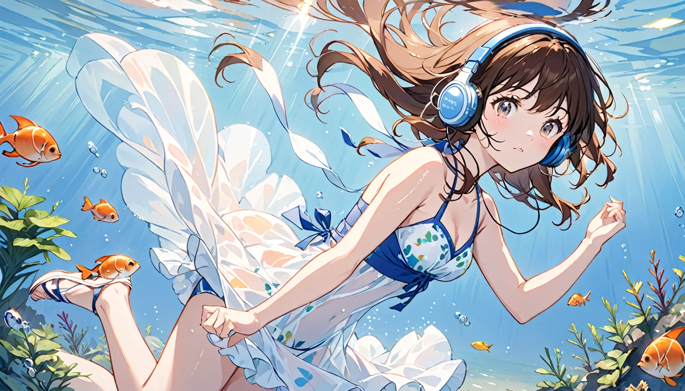 Girl wearing headphones,Brown Hair,One girl,Sparkling underwater,Swimwear with less exposure