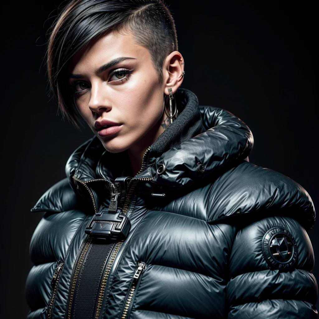 Realistic,model photo,cinemactic,1Woman in Balenciaga super puffer jacket with short hair,neck tattoos,black colorful background,Ultra sharp,Skull tattoo, piercings no rosto todo