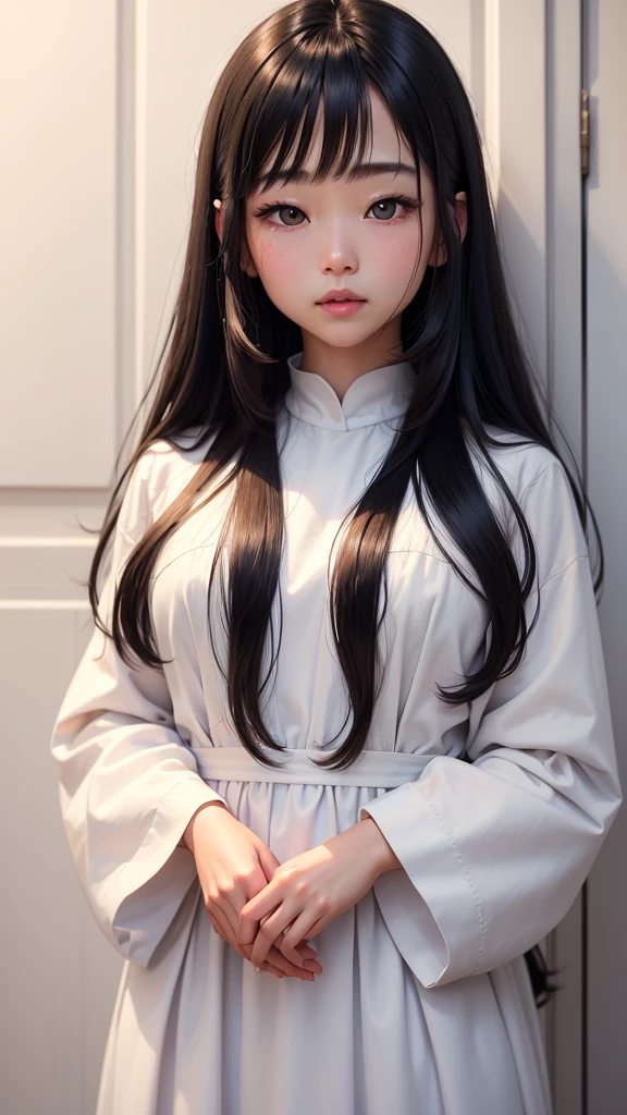 Long sleeve dress、Silky Hair、White wall、In front of a white door、((Highest quality、8K、masterpiece:1.3))、Ultra-high resolution、Photographed in natural light、(photoGenuineistic:1.4)、RAW Photos、Japanese,(face)、Genuine、Highly detailed face and skin texture、Highly detailed lips、The correct state of the human body、Black Hair、Various poses、Natural color lip、Mid-length hair