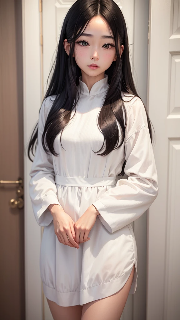 Long sleeve dress、Silky Hair、White wall、In front of a white door、((Highest quality、8K、masterpiece:1.3))、Ultra-high resolution、Photographed in natural light、(photoGenuineistic:1.4)、RAW Photos、Japanese,(face)、Genuine、Highly detailed face and skin texture、Highly detailed lips、The correct state of the human body、Black Hair、Various poses、Natural color lip、Mid-length hair