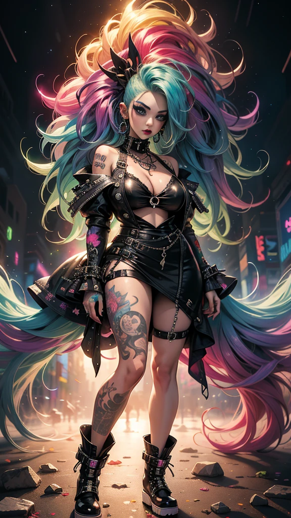 (masterpiece, top quality, best quality, official art, beautiful, cosmic, atmospheric, psychedelic, dreamlike and aesthetic, swirling psychedelic cosmic graffiti patterns:1.2), (1girl), extreme detailed,(fractal art:1.3),colorful,highest detailed, "(Best Quality, 8K, 32K, masutepiece:1.3), Ultra-detailed, (Photorealistic:1.4), pink and white colors, perfect color scheme, albino, Punk rock Girl, Detailed moonlight eyes, full body portrait, Luxurious neon white punk hair, Edgy Harajuku-inspired punk rock fashion, super huge enormously gigantic tits, cleavage showing, Avant-garde makeup, Numerous piercings, Heavily tattooed body, swirling psychedelic cosmic dreamlike graffiti pattern background