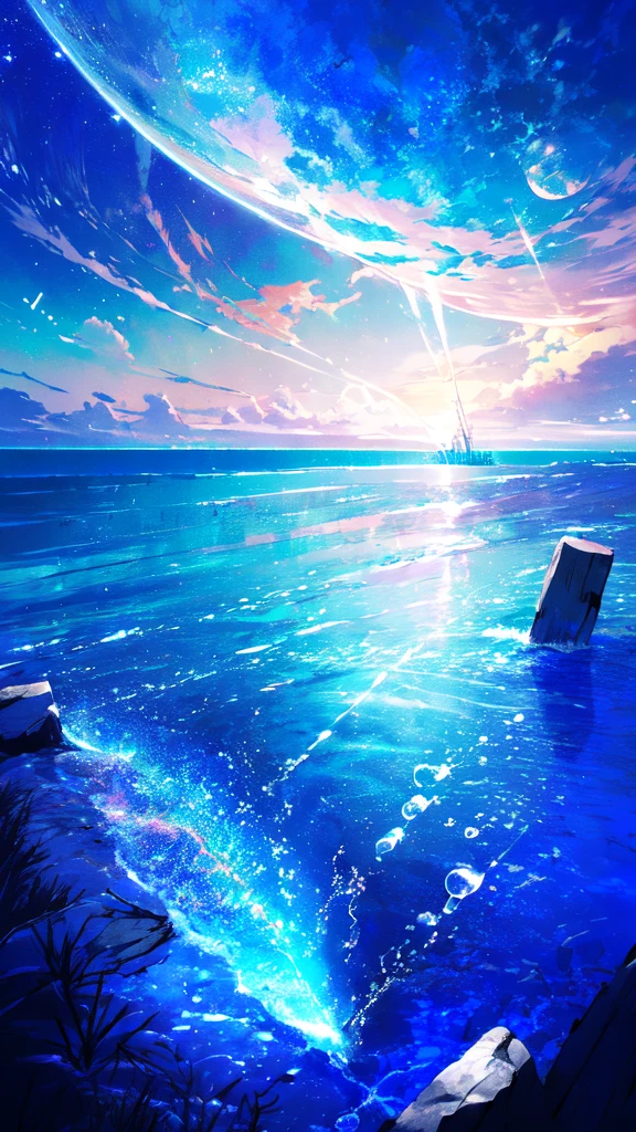 -scenery, 1girl, sky, Star (sky), Highest Resolution、船
, night, solo,Fine starry sky、 city lights, Starry sky, Fine bubbles、night sky, bubble, moon, watercraft, outdoors, short hair, ocean, cloud,coloured glaze,