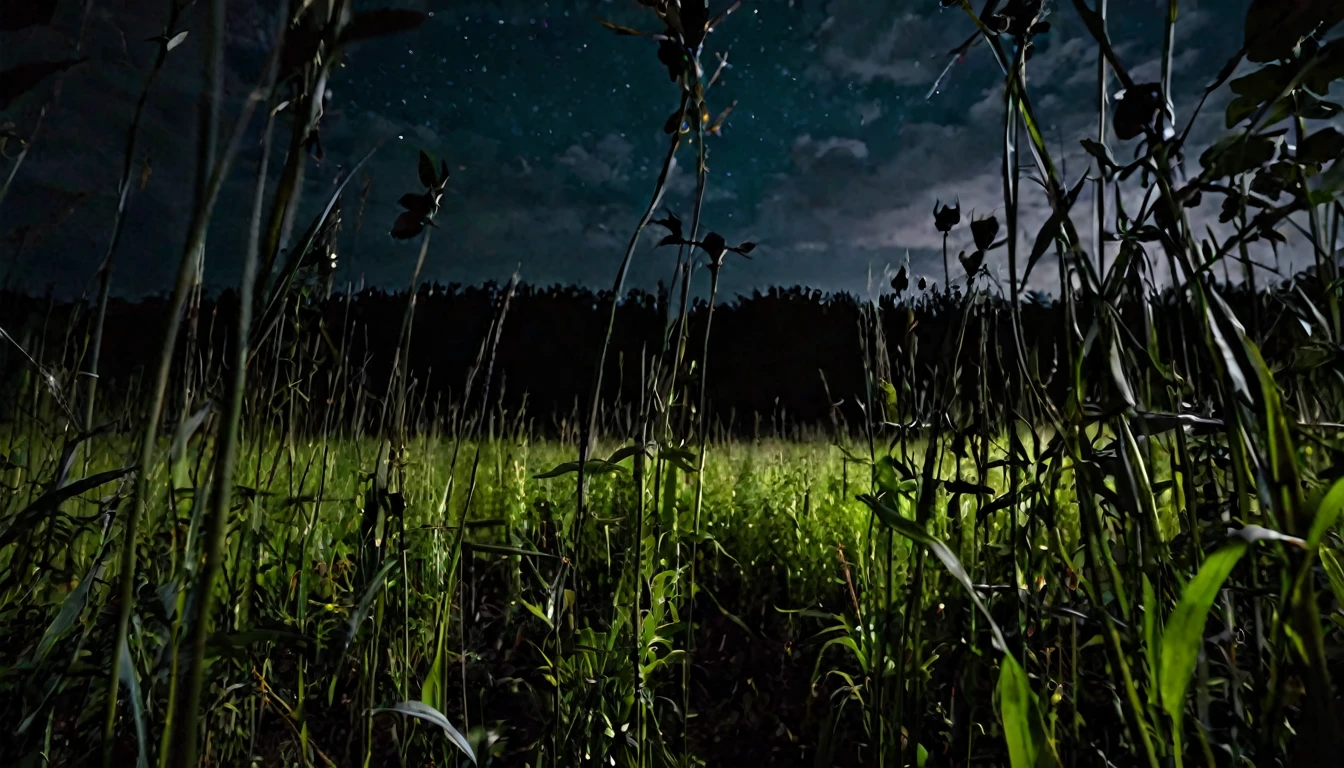 first person view, inside a field, tall vegetation, dark night, ominous