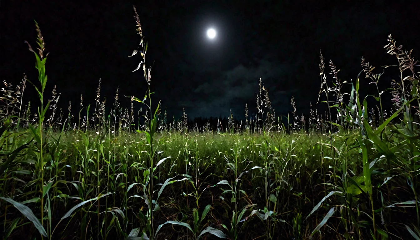 first person view, inside a field, tall vegetation, dark night, ominous
