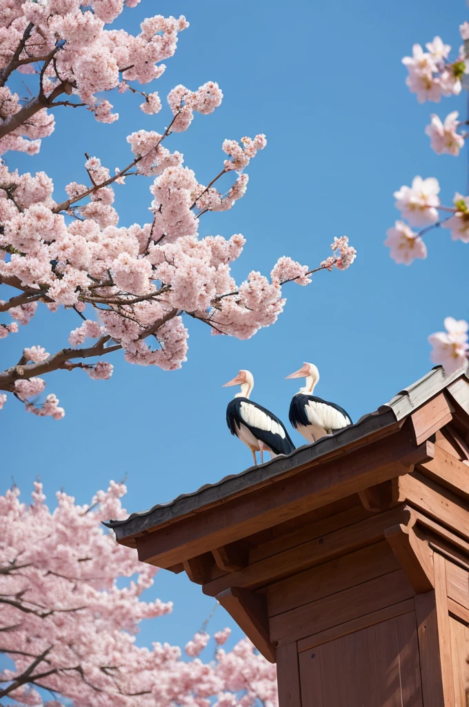 Storks and cherry blossoms in full bloom