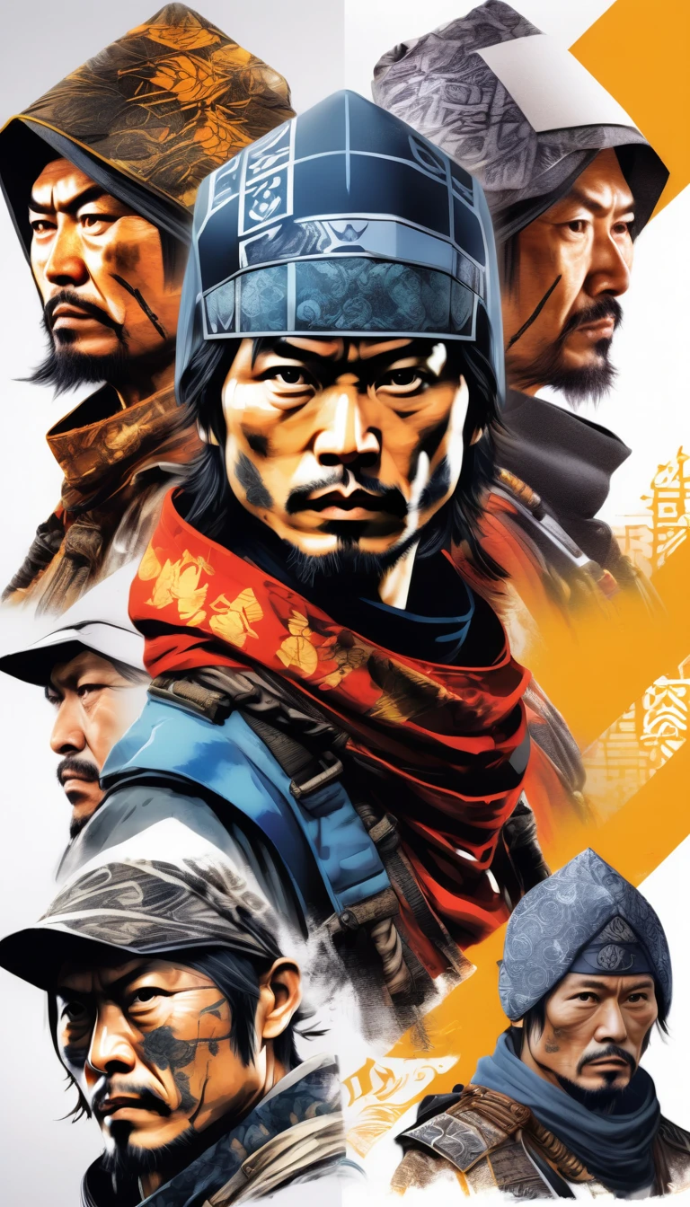 infographic character design, multiple concept designs, concept design sheet, blue print paper, photo realistic , 3D, UHD, mixed style of yoji shinkawa, hideo kojima and Yoshitaka Amano , malay warrior wearing minimalist shiny Sukajan hoodie jacket with (( hybrid of geometric batik and Japanese tatoo drawing style)) , high contrast blending and combination of ((white , lots of red, yellow , blue, orange and black)) colour , matching pants, fiery, high spirited determined mood