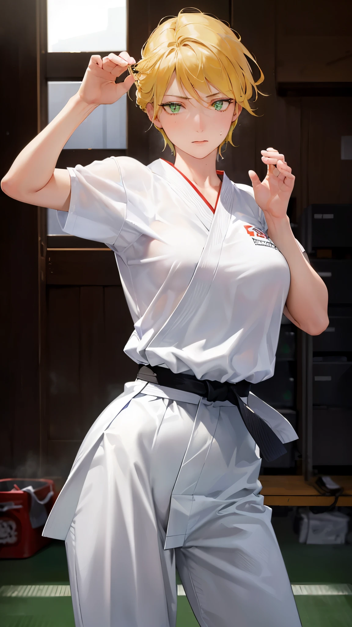 ((((masterpiece, best quality, high resolution)))), Extremely detailed 8K, 1 female, wearing a white Karate gi, (Ultra HD, Ultra-detailed, Highly detailed, Highly realistic, Ultra-realistic, photograph realistic), (1girl:1.5), (Realistic yellow hair), (dynamic poses), facing at camera, looking at viewer, (slightly serious face), (green eyes, sharp eyes), (perky breasts:1.2), (beautiful detailed face, beautiful detailed eyes), ((worn out karate gi)), (preparing for a fight), sweat, glow, (sunbeam, sunlight), ((cowboy shot)), inside a training gym, seductive, EnvyBetterHands LoCon,